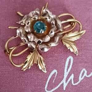 Gold Filled Vintage Flower Brooch 1/20 12K Blue-green Jewel
